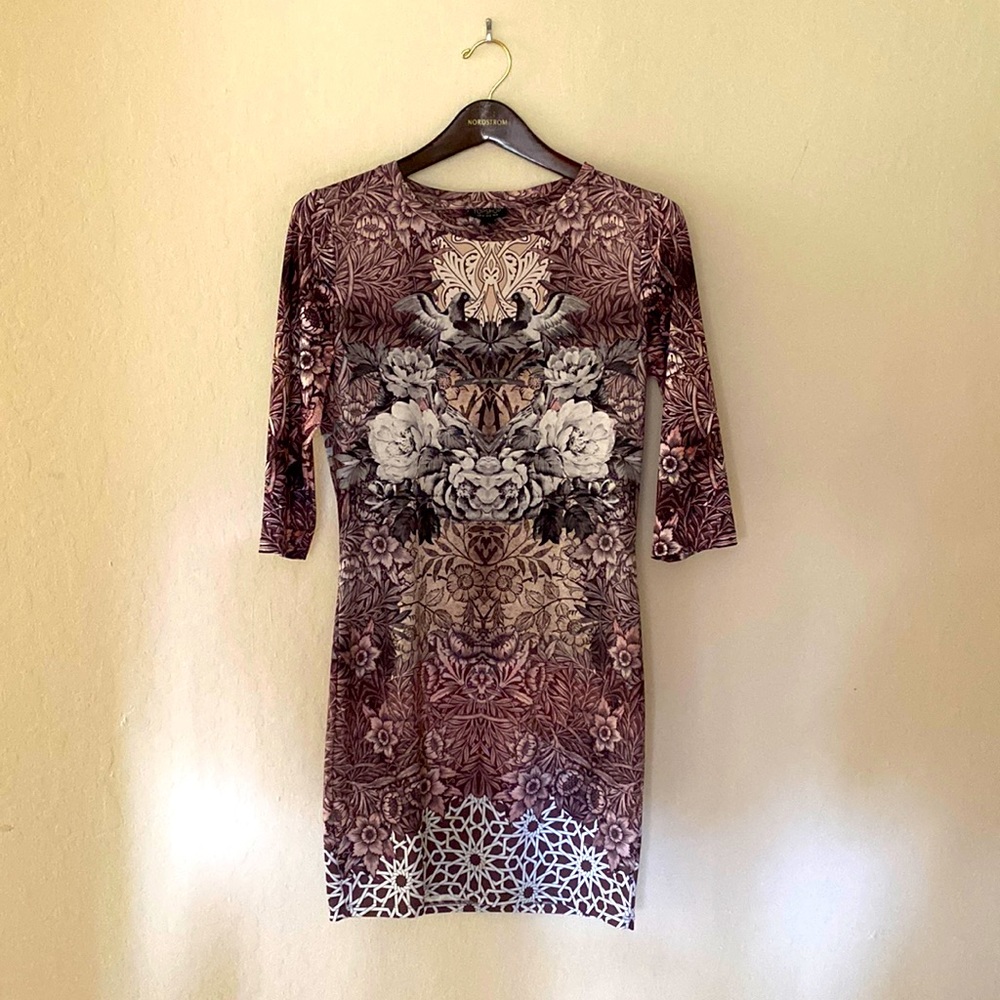 Topshop dress. US size 10. Purple floral and bird pattern.
